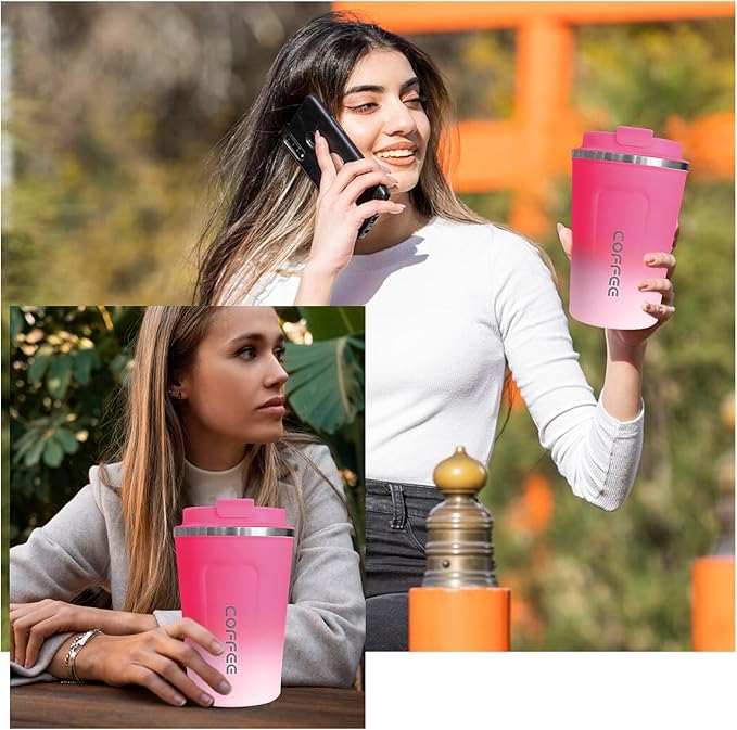 Travel Coffee Mugs Leak-Proof, Reusable Coffee Cups with Lids, Stainless Steel Vacuum Insulated Coffee Tumblers, Thermal Insulation Cup for Men and Women Hot & Cold Drinks(2nd-Red White, 17OZ)