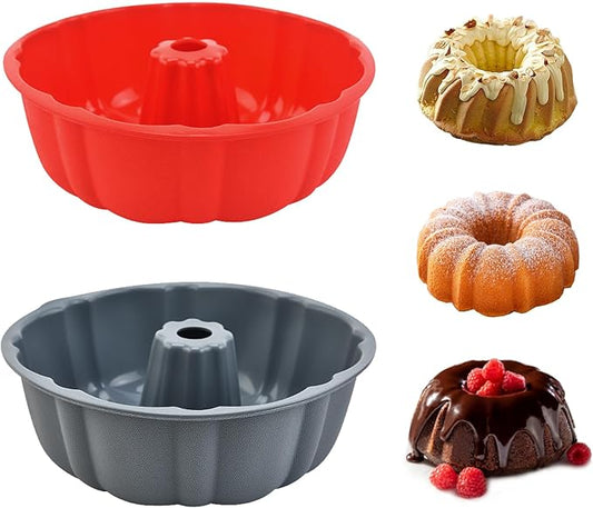 2 Pack Silicone Cake Pan Nonstick,10 Inch, Silicone Cake Molds,Pound Cake Pan, Baking for Jello,Gelatin,Cake,Brownie and Bread (Red+Grey)