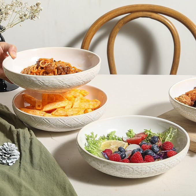 8 inch Pasta Bowls, 22 Oz Ceramic Serving Bowls Set of 4, Embossed Porcelain Salad Bowl, Serving Dishes for Pasta, Salad, Soup, Fruit, Housewarming Gift, Wedding Decor, Oven & Dishwasher Safe