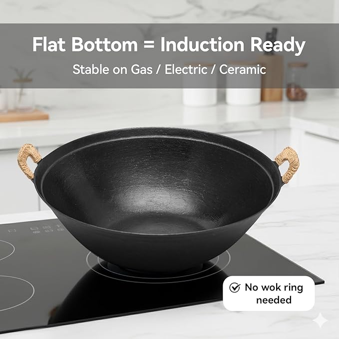 WANGYUANJI 13.4" Cast Iron Wok with Lid, Traditional Handcrafted Chinese Wok Pan, Flat Bottom Stir Fry Pan for Induction & Gas Stoves, Turtle Shell Texture, Uncoated Non-Toxic