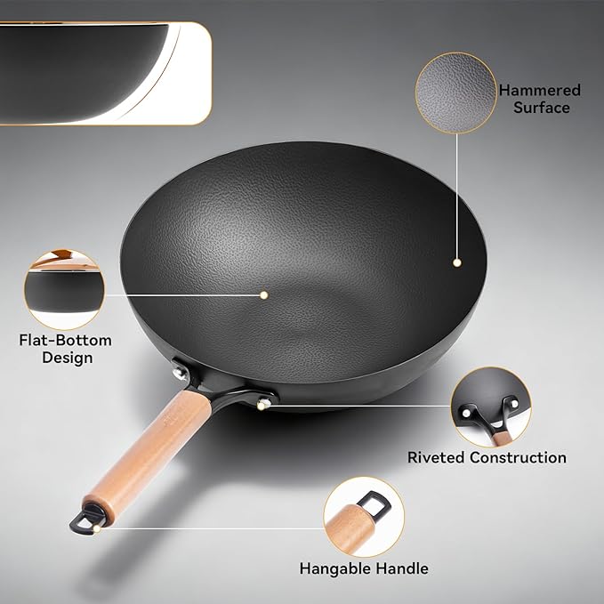 12.6 Inch Carbon Steel Wok Pan with Standable Tempered Glass Lid, Flat Bottom Wok, Non-Coated Stir Fry Pan with Wood Handle for Induction, Gas, Electric and Ceramic Stovetops