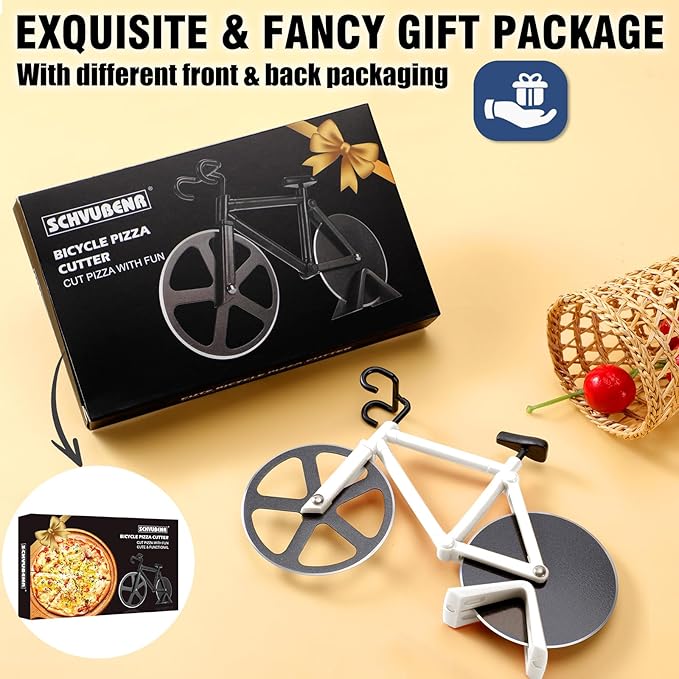 Bicycle Pizza Cutter Wheel - Gifts for Cyclists, Men, Dad, Bike Lovers - Funny Kitchen Gadgets - Cool Father’s Day, Christmas, Birthday, White Elephant Gifts - Stainless Steel Pizza Slicer(White)