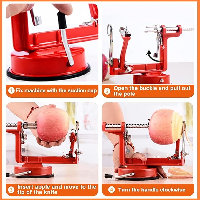 Apple Peeler Corer, 5 In 1 Apple Peeler Slicer Corer with Stainless Steel Blades and Powerful Suction Base for Apples and Potatoes(Ruby)