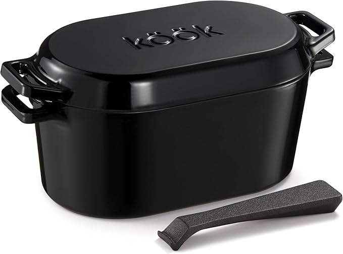 KooK Enameled Cast Iron Dutch Oven for Sourdough Bread Baking - 3.4 Qt Pot with Lid for Even Heat Distribution - Includes Lid Lever