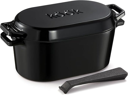KooK Enameled Cast Iron Dutch Oven for Sourdough Bread Baking - 3.4 Qt Pot with Lid for Even Heat Distribution - Includes Lid Lever