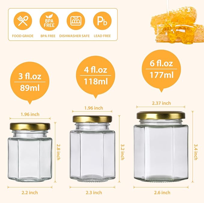 6 oz Honey Jars with Dipper, 30 Pack Hexagon Honey Jar for Baby Shower, Empty Glass Jars for Wedding Favors and Party Favors