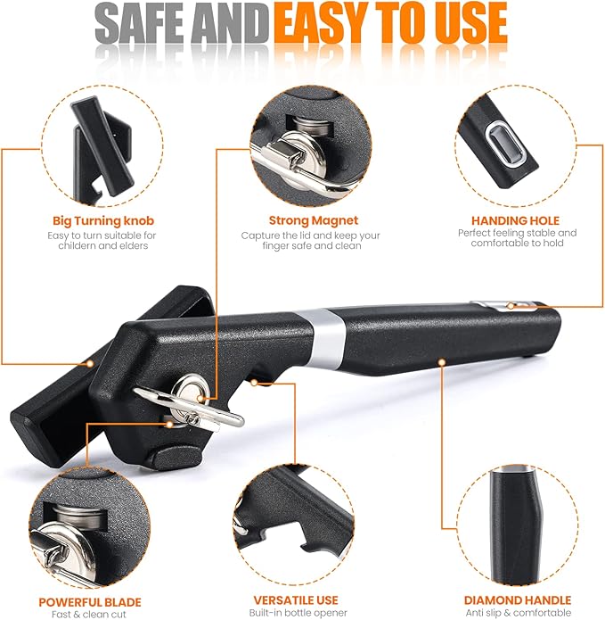 2 in 1 Safety Can Opener Manual Smooth Edge & Bottle Opener, No-Trouble-Lid-Lift Manual Can Opener with Magnet, Large Rubber Handle & Stainless Steel Blade, Side Cut Hand Can Opener for Kitchen