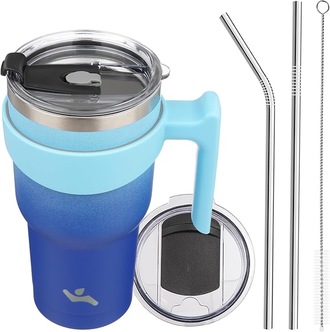 30 oz Tumbler with Handle and 2 Straw 2 Lid, Insulated Water Bottle Stainless Steel Vacuum Cup Reusable Travel Mug,Sky