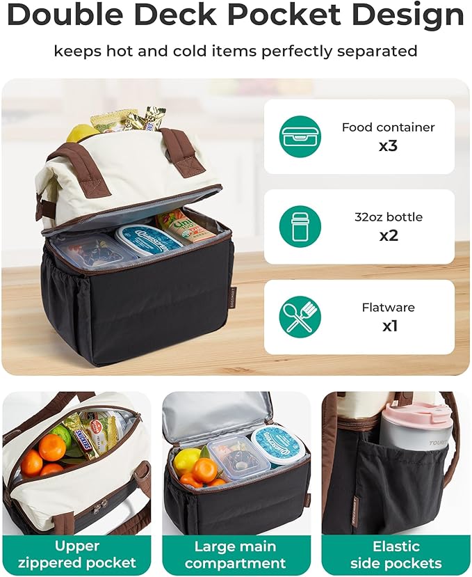 BAGSMART Double Deck Lunch Bag Women, Insulated Reusable Lunch Box, Quilted Puffer Lunch Tote with Shoulder Strap, Durable Large Lunch Cooler For Work Picnic Travel Meal Prep Flight, Beige + Black