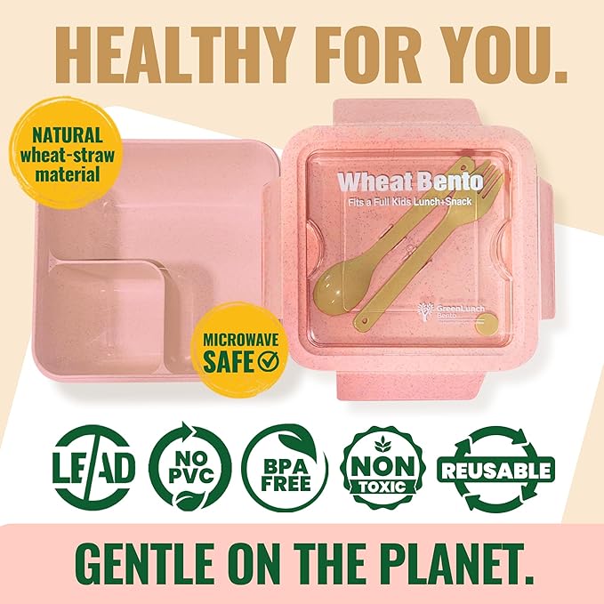 Lunch Box for Kids, Large 2-Compartment, Durable and Microwave Safe, BPA-Free with Utensils, Wheat Straw Snack Containers for Kids – Pink