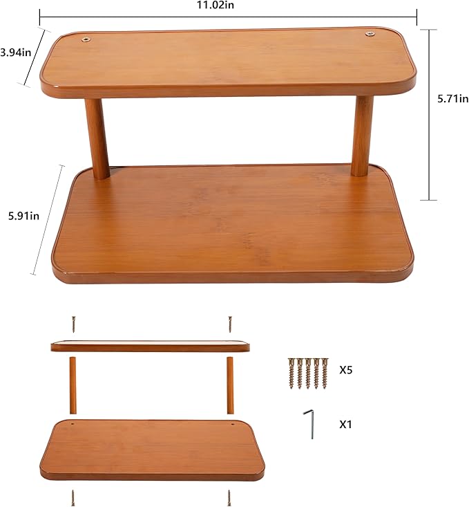 2 Tier Countertop Shelf for Coffee Mugs & Kitchen Counter Organization - Multi-Purpose Tiered Wooden Stand for Cupcakes, Spices, Makeup, Rustic Tabletop Decor
