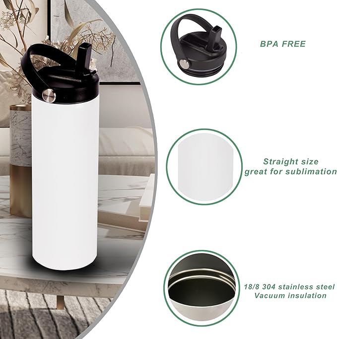 20oz sublimation sport tumblers blanks with two lids ，flat edge sublimation tumblers，double wall stainless steel insulted cup，for Heat Transfer, White (8, with flex handle lid)