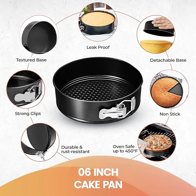 RFAQK Non-Stick 6 Inch Cake Pan with Removable Bottom - Leakproof Springform Pan with 50Pcs Parchment Papers - Perfect for Cakes, Cheesecakes, and Compatible with 3 Qt Instant Pot - Bonus E-Book