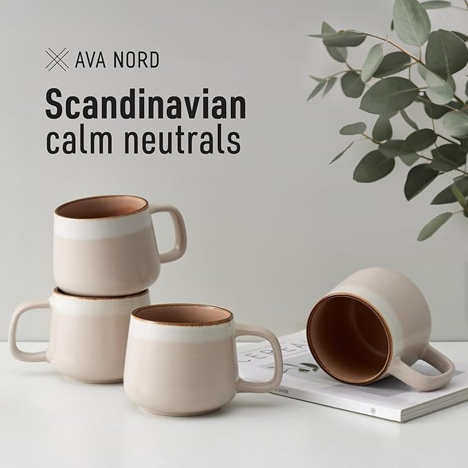 Large Ceramic Coffee Mugs Set of 4 | 16 oz Stoneware Coffee Cups | Lead-Free, Non-Toxic | Microwave and Dishwasher Safe | Comfortable Handle | Nordic Design for Tea, Cocoa, Latte | Rose Sand