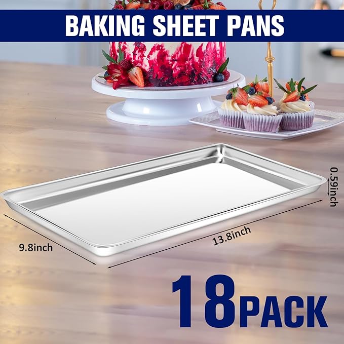 18 Pcs Baking Sheet Pan Set Cookie Sheet Large Toaster Oven Pans Stainless Steel Tray Barbecue Grill Pan Rectangle Trays Oven, Non-Stick, Easy Clean, 13.8 × 9.8 × 0.6 Inches