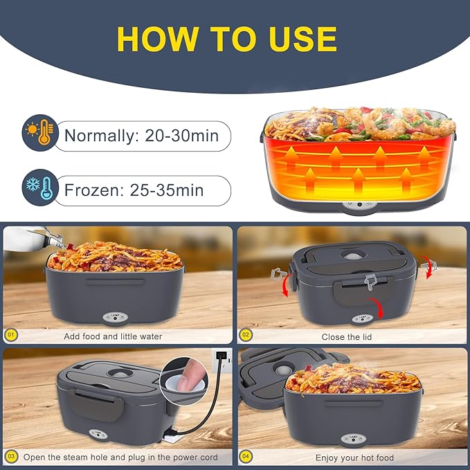Electric Lunch Box Food Heater 3 in 1 Portable Warmer Leakproof Heated Box for Adults, Heating Microwave for Car/Home with 2 Removable Stainless Steel Container, 12V/24V 110V