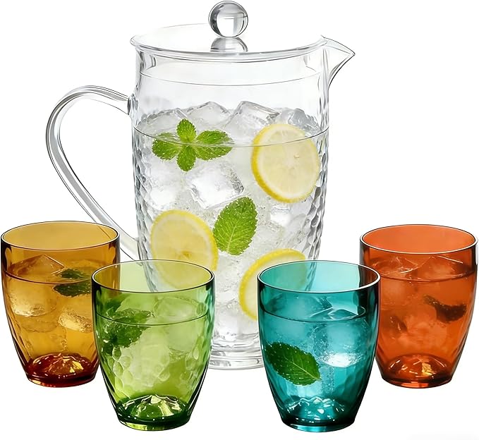 Pitcher with Lid and 4 Tumblers Set, 92oz Plastic Water Jug, BPA-Free Beverage Pitcher for Fridge, Large Drink Carafe for Party, Juice, Ice Tea, Sangria, Lemonade, (Set of 5 in Gift Box)