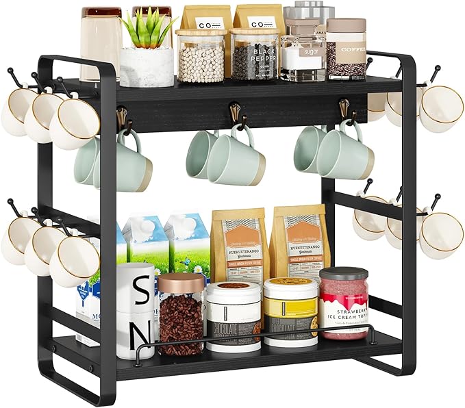 IBUYKE Coffee Bar Station Countertop Organizer,2 Tier Kitchen Mug Cup Holder Stand,Wooden Coffee Mug Organizer with 18 Hooks,Multifunctional Mug Tree for Home Kitchen, Office,Black UTBJ006B