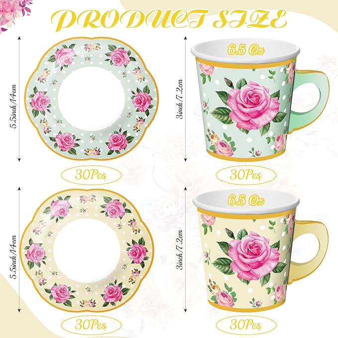 Umigy 60 Sets Spring Tea Party Decorations 6.5 oz Floral Paper Teacups & Saucer Set for Girls Women Afternoon Tea Parties Mothers Day Bridal Shower Wedding Birthday Party Decorations(Yellow, Green)
