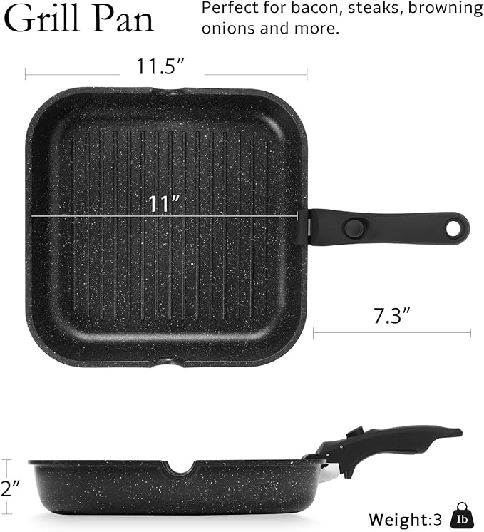 ESLITE LIFE Nonstick Grill Pan with Detachable Handle, Versatile Square Skillet for Indoor Cooking & Outdoor Grilling, PFOA Free, Black-11 Inch