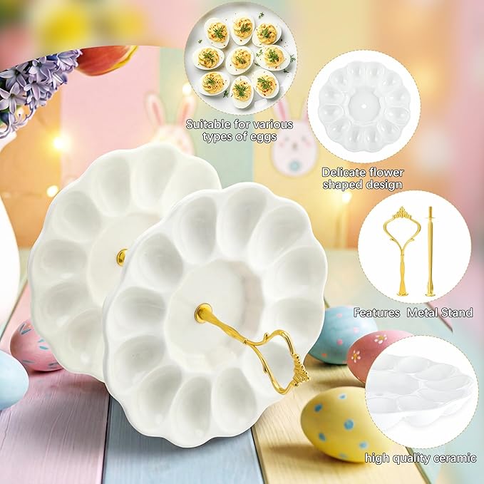 2 Tier Ceramic Easter Deviled Egg Platter 24 Hole Deviled Egg Tray Container, Detachable Eggs Holder Tower for Easter Party Food Container for Kitchen Countertop Microwave Dishwasher Freezer