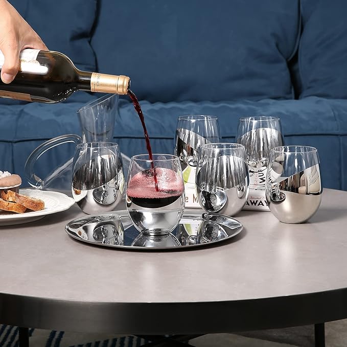MyGift Modern Stemless Wine Glass Set of 6, White or Red Wine Glasses with Silver Metallic Bottom Angled Design