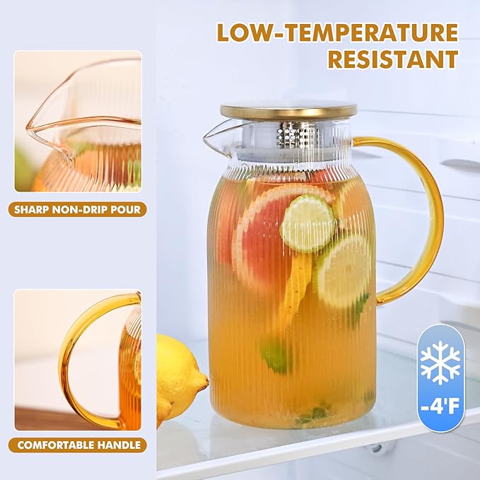 Ribbed Glass Pitcher With Lid and Spout, Glass Water Jugs With Handle, Water Carafe for Hot and Cold Beverage, Brew, Iced Tea, lemonade, Juice, Coffee, Milk, 1.4 Liter 47 Ounce, Borosilicate