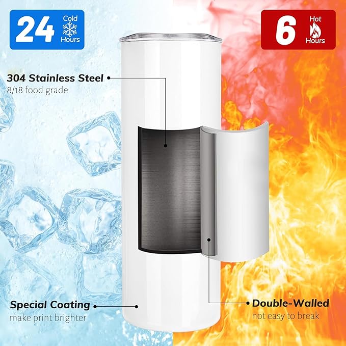 Joyclub 25 Pack Sublimation Tumblers 20 oz Sublimation Blanks Skinny Straight Flat Edge Tumbler Bulk with Lid and Straw White Cups for Heat Press