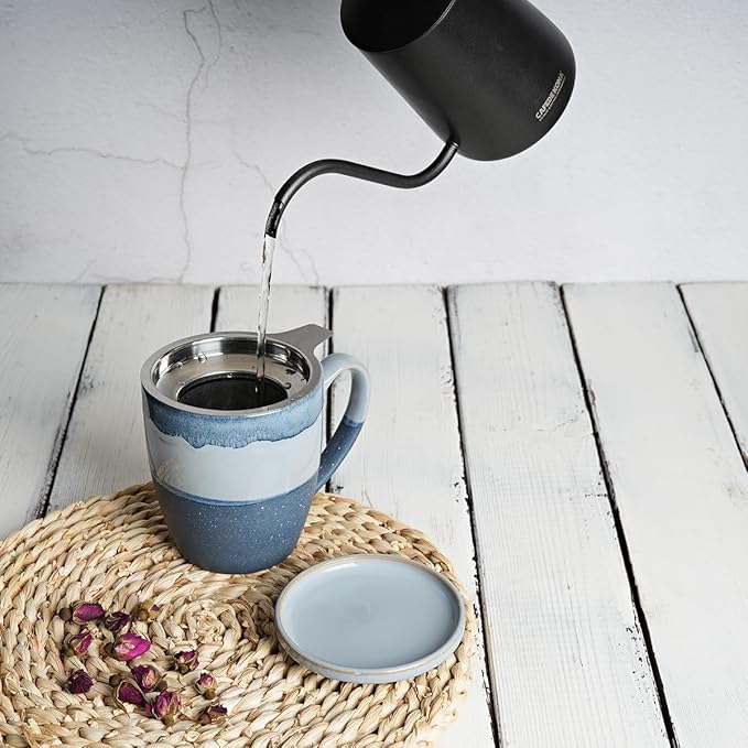 Bosmarlin Ceramic Tea Cup with Infuser and Lid, 16 Oz, 4 Colors to Choose, Dishwasher and Microwave Safe, Steeping Tea Mug with Strainer, Reactive Glaze, (Blue)