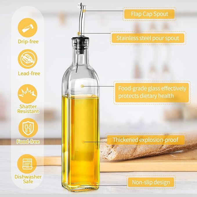 Olive Oil Dispenser Bottle - 500ml Glass Oil and Vinegar Bottles Set for Kitchen with 2 Stainless Steel Pourers, Funnel, Brush and 2 Labels, Kitchen Oil Bottles with Drip-Free Design
