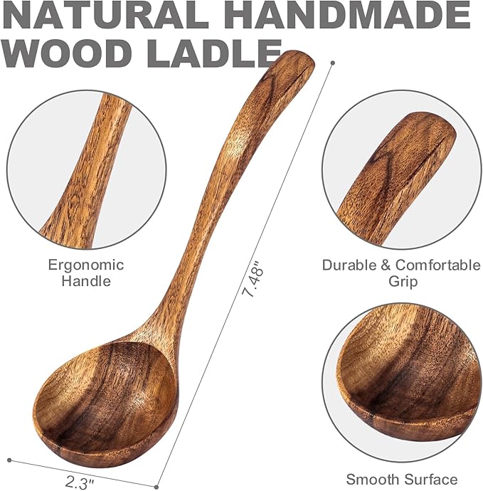 Wooden Soup Ladle, Non-Toxic Non-Scratch Natural Acacia Wood Serving Spoon for Soup, Gravy, Sauces & Porridge, Ideal for Home Dining, Buffets & Daily Meals, 7.48 Inch