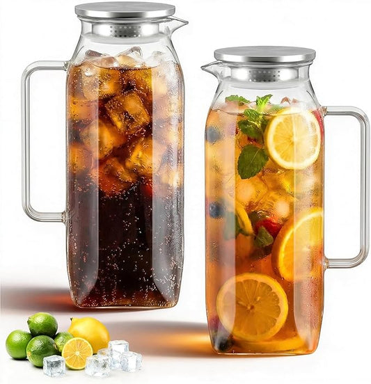 2 Pack 2 Liters 68 oz Square Glass Pitcher with Lid, Water Pitchers with Handle for Fridge, Borosilicate Glass Carafe for Hot/Cold Drink, Large Iced Tea Pitcher for Jug, Coffee, Juice, Milk, Beverage