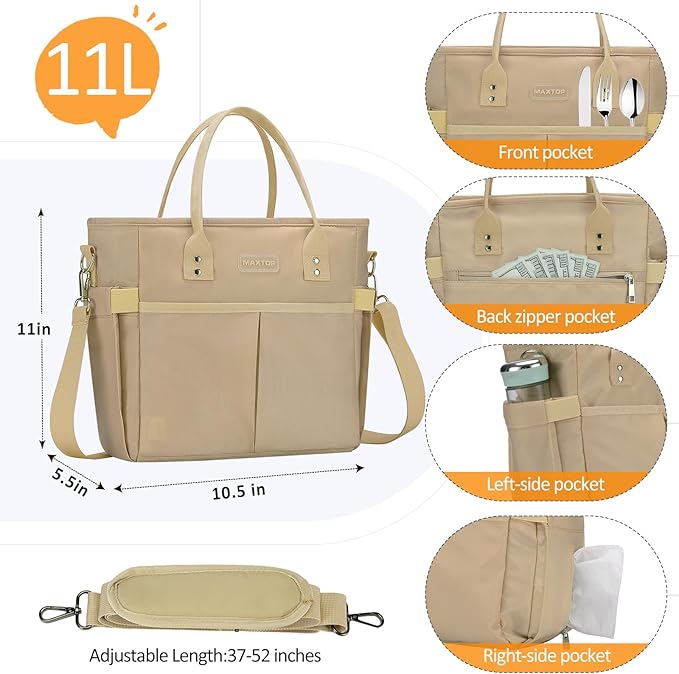 MAXTOP Lunch Bag Women for Work Insulated Thermal Lunch Box with Wide-Open Pocket Reusable Leakproof Cooler Bags with Removable Shoulder Strap for Teacher Nurse Office Picnic Travel Khaki