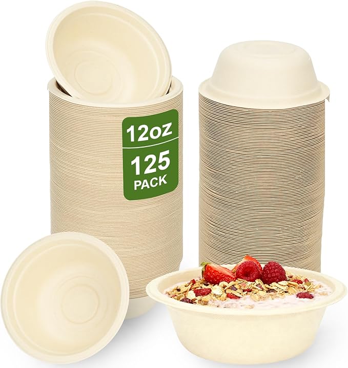 125 Pack 12 OZ Paper Bowls, Natural Compostable Disposable Soup Bowls, Eco-Friendly Bagasse Serving Plates and Bowls for Hot Food or Cold Use