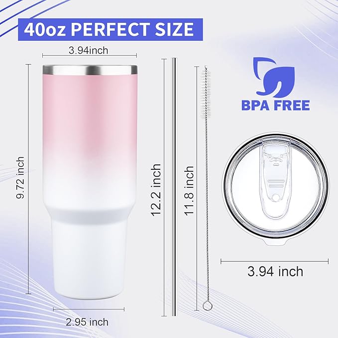 40 oz Tumbler with Lids and Straws Double Wall Vacuum Insulated Tumbler Cup,Stainless Steel Leak-proof Thermal Tumbler Powder Coated Travel Coffee Mug for Cold and Hot Drinks,Pink White