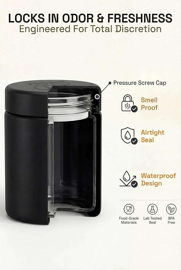 Treehouse Smell Proof Containers (120mL), Jars with Airtight Lids for Herbs, Spices, Coffee and Tea, Air Tight Glass Storage Jars with UV Protection Glass, (Set of 4) (Matte Black)