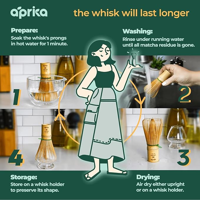 Aprika Life Matcha Bamboo Whisk Set with Holder | 100 Prong Chasen, Bamboo Scoop & Glass Whisk Holder | Matcha Whisk and Holder Starter Kit