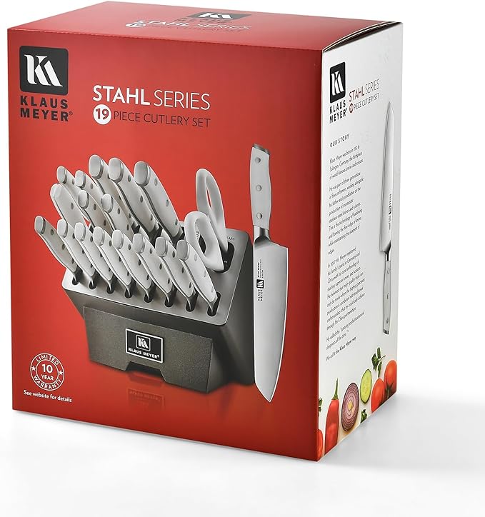Klaus Meyer 19-Piece Knife Block Set, High Carbon German Stainless Steel (Stahl), Full-Tang Handles with Sharpener (White)