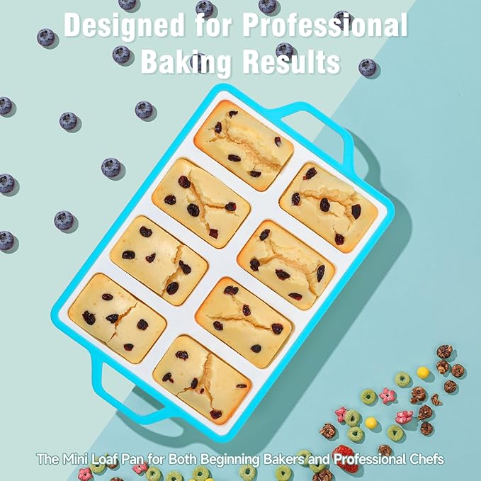 SJ Silicone Mini Loaf Pans with Metal Reinforced Frame-2 Pack, Non-stick Silicone Mini Bread Loaf Pans for Baking 8-Cavity, Tiny Banana Bread Set, Dishwasher Safe Brownie Pan-Blue