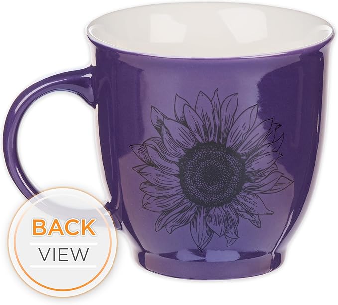 Christian Art Gifts Purple Sunflower Ceramic Coffee Mug – 14 oz. Lead and Cadmium-free Inspirational Scripture Coffee and Tea Mug for Women with Bible Verse: Strength & Dignity – Proverbs 31:25