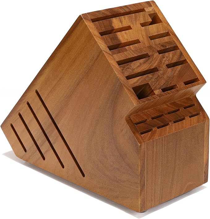 Teak Wood Knife Block Holder without Knives, 20 Slot Large Universal Wooden Knife Block Organizer with Wide Slots and Secure Stand, Countertop Butcher Block for Kitchen Storage