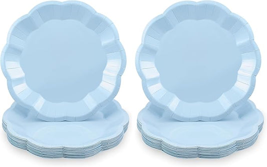 30 pcs Light Blue Plates 7 inch Scalloped Blue Dessert Cake Plates Cute Plate Disposable Party Plate for Weeding, Birthday, Baby Shower (Pack of 2)