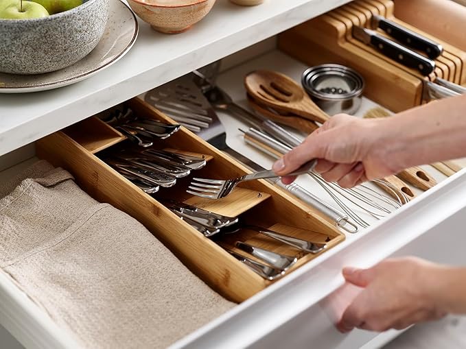 Joseph Joseph DrawerStore Compact Utensil Organizer For Kitchen Drawer Silverware, Flatware Tray, Small, Bamboo