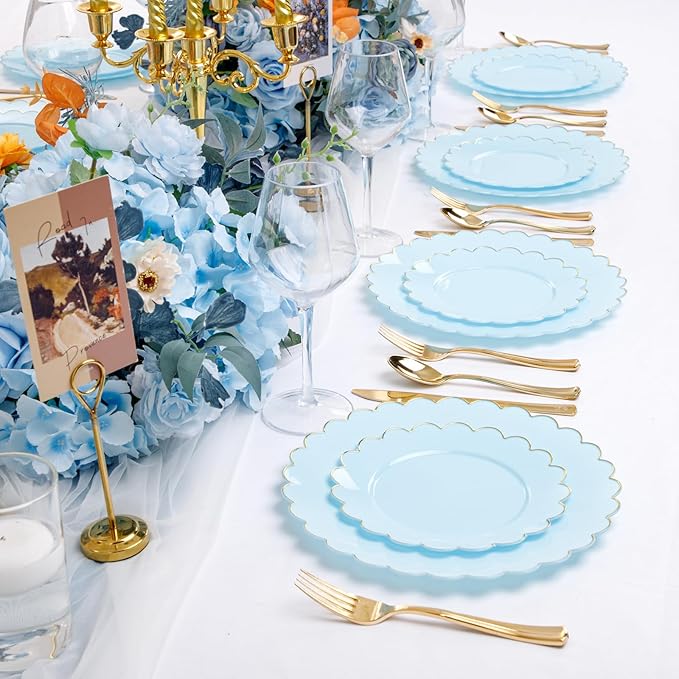 LIYH 60 Pcs Baby Blue Plastic Plates with Gold Edge - Disposable Light Blue Plastic Easter Plates Includes 30 Dinner Plate 10.25" and 30 Dessert Plate 7.5" for Party Birthday Easter