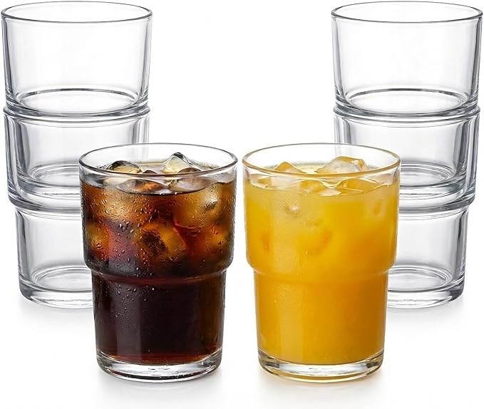 Stackable Drinking Glasses (Set of 6) – 13oz Clear Glass Cups for Iced Coffee, Juice & Beer – Modern Space Saving Highball Tumblers with Smart Non-Stick Design – Heavy Base & Dishwasher Safe