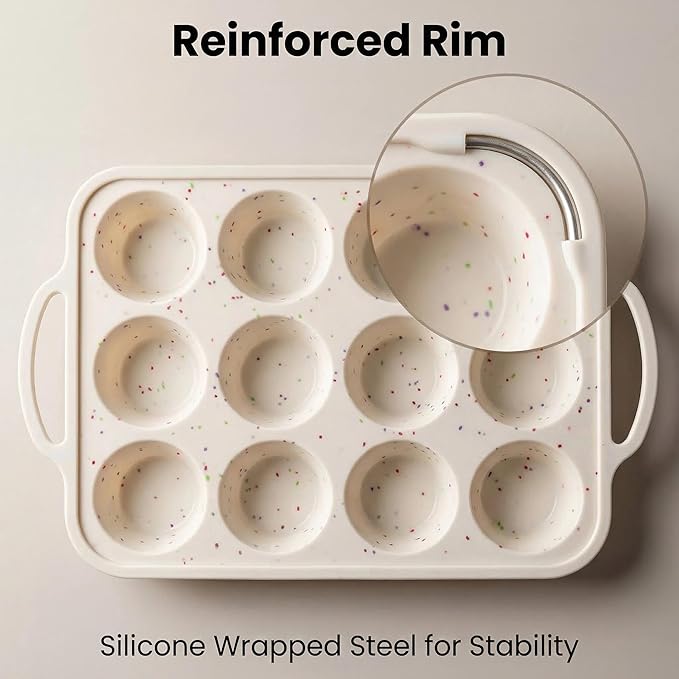 Silicone Muffin Pan for Baking with Metal Reinforced Frame - 12 Cup Regular Size Cupcake Pan, Silicone Muffin Tray, Nonstick Cupcake Baking Pan Molds for Baking Homemade Muffins