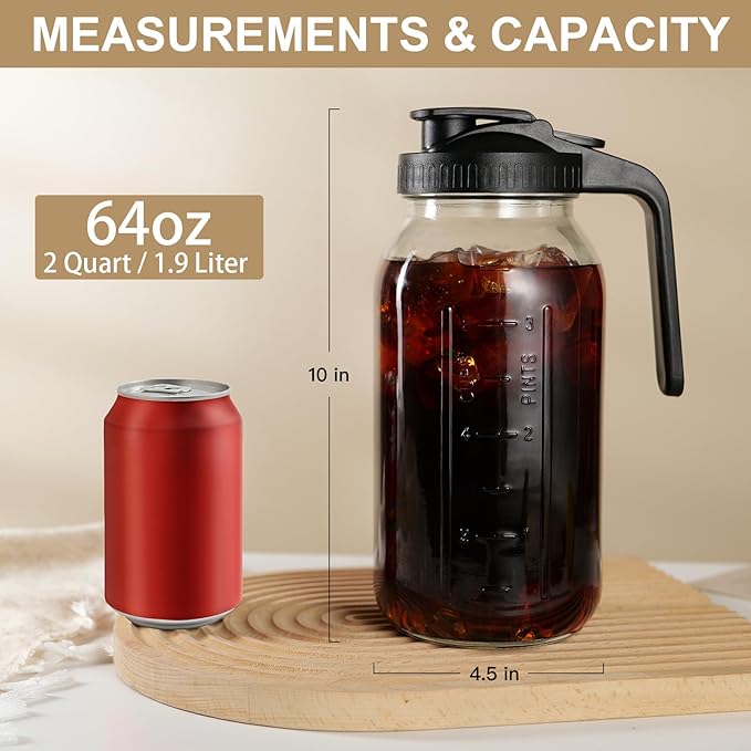 64 oz Glass Pitcher with Lid for Fridge, Half Gallon Pitcher with Lid, Leak Proof, Wide Mouth, 1/2 Gallon Glass Juice Jug for Ice Tea and Coffee (Gray)