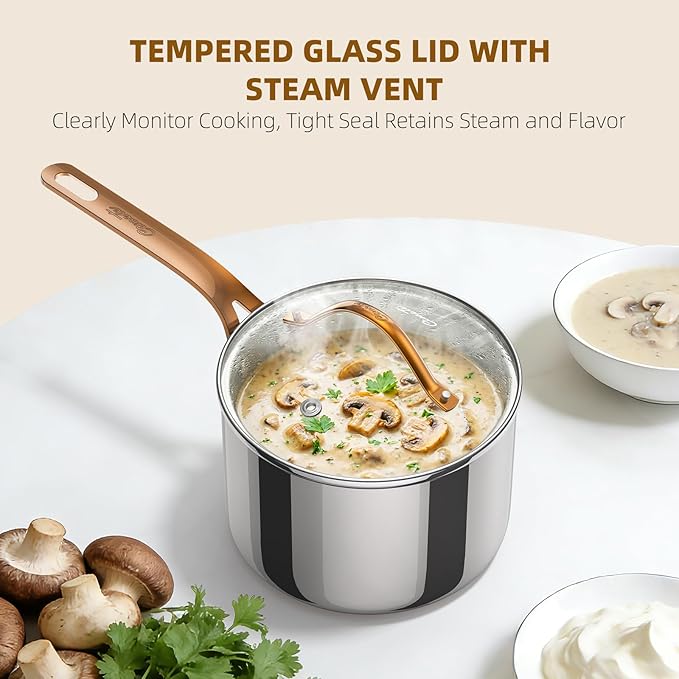 3 Quart Sauce Pan with Lid, Upgraded Tri-Ply Stainless Steel Saucepan with Mirror Polishing and 2 Scales, Induction Ready Cooking Pot with Stay-Cool Brass Handle, Dishwasher & Oven Safe