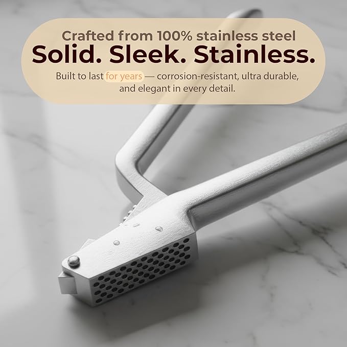 No Peeling Required, 100% Stainless Steel Garlic Press – Odor-free Cleaning, Rust Proof, Detachable Handle, Fine Mincer, 5 years Guarantee, Dishwasher safe garlic crusher tool, Moledor de ajo