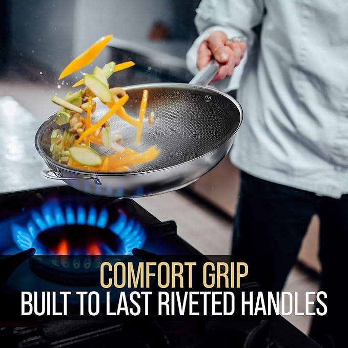 Woks & Stir-Fry Pans Nonstick, 12.5" Stainless Steel Wok with Lid | Tri-Ply Honeycomb Hybrid Stir Fry Wok Pan | Induction & Oven Safe | Dishwasher Safe
